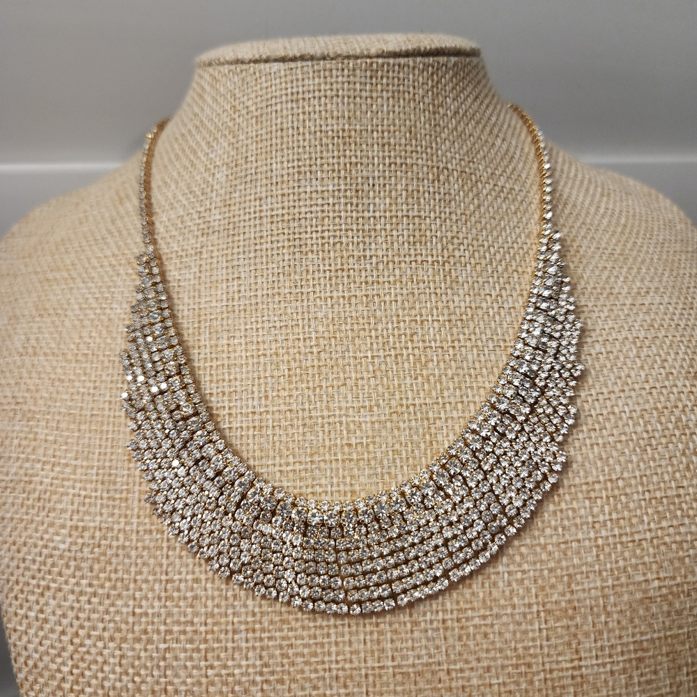 Tour De Cou Gold Clear Rhinestone Statement Fringe Bib Collar Necklace Choker